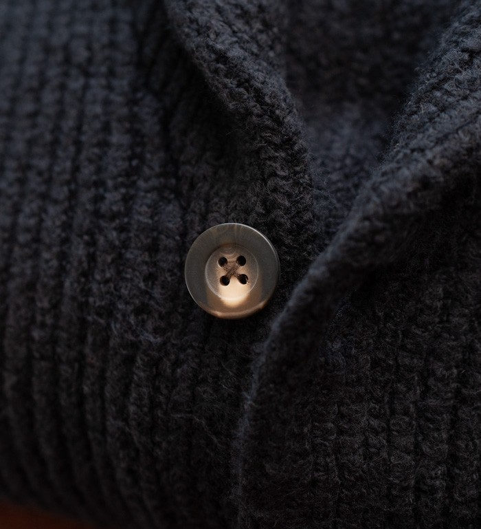 Amazon Essentials shawl collar cardigan close up of button and knit