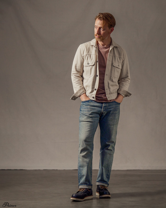 Buck mason trucker jacket with levi's 501 light wash jeans and navy Red Wing boots