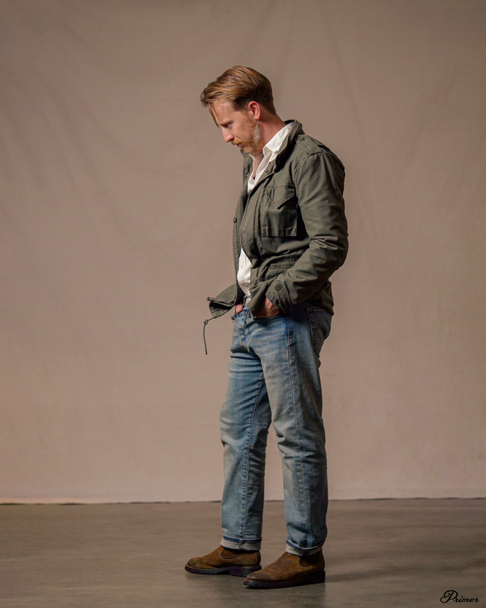 timeless style? man wearing an oxford shirt and levis 501 jeans