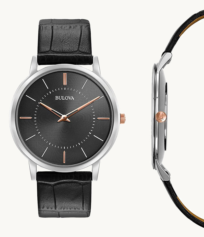 image of a watch with black leather strap and black face dial