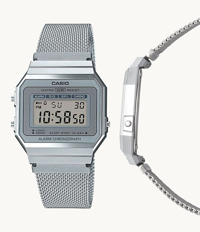 image of a silver casio thin watch with a rectangular shaped dial