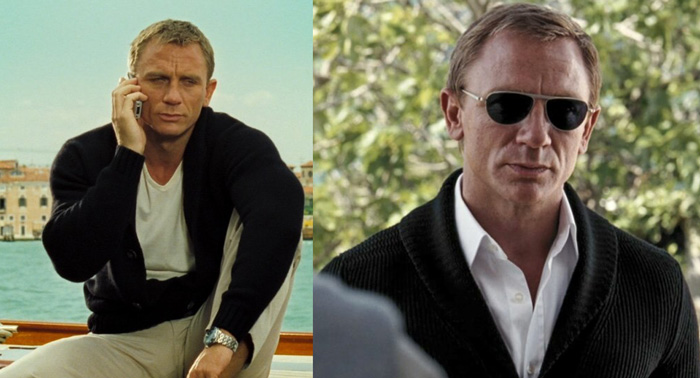 Daniel Craig wearing a shawl collar cardigan in Casino Royale and Quantum of Solace