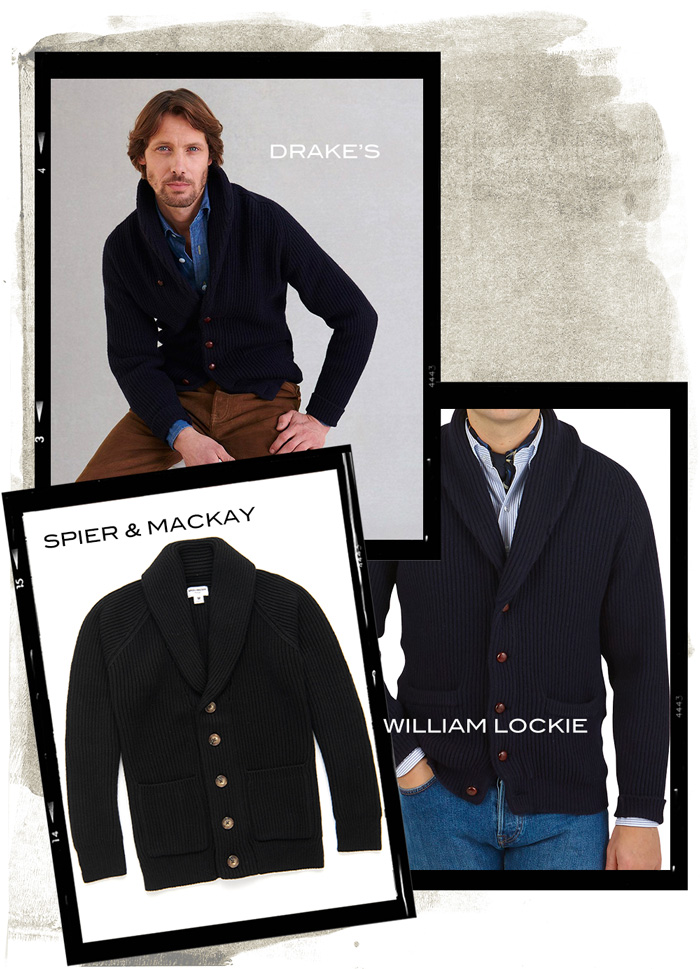 shawl collar cardigans from Drake's, Spier & Mackay, and William Lockie