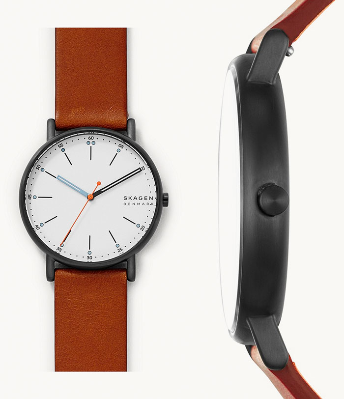 image of a watch with brown leather strap and white dial face