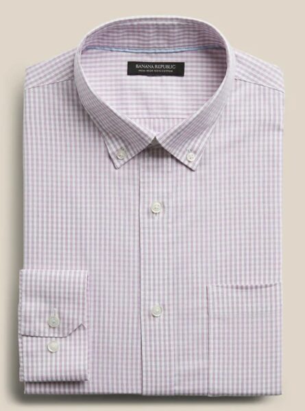 image of a pink check patter long sleeve button down dress shirt