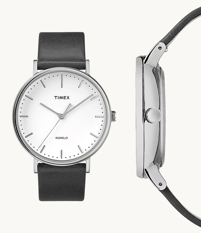 image of a timex thin watch with black leather strap and white face dial