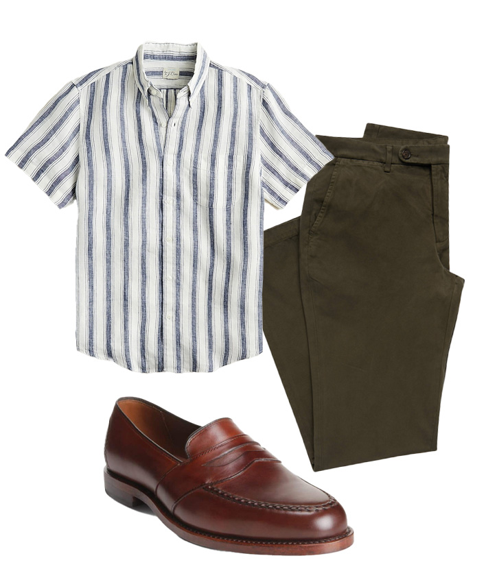 summer outfit with penny loafers, short sleeve linen shirt and green chinos