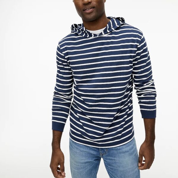image of a blue and white striped jersey hooded shirt