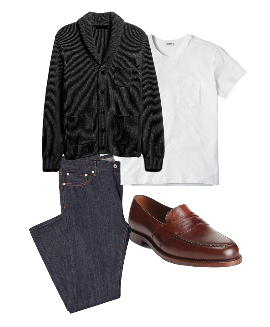 outfit pieces including a shawl collar cardigan, a plain shirt, denim jeans, and loafer shoes