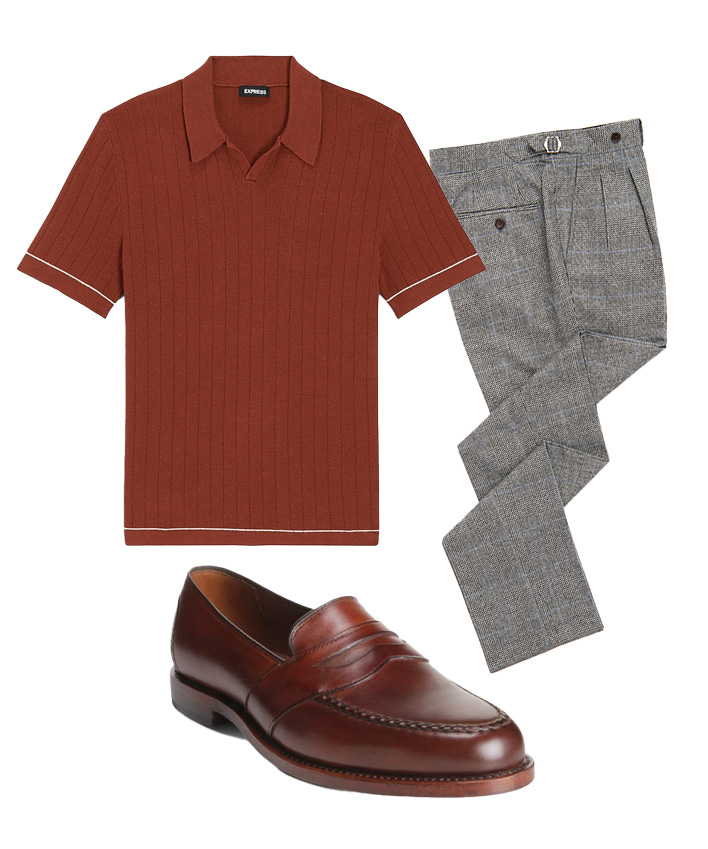 men's summer outfit with rust colored knit polo, glen plaid pants, and Allen edmonds penny loafers