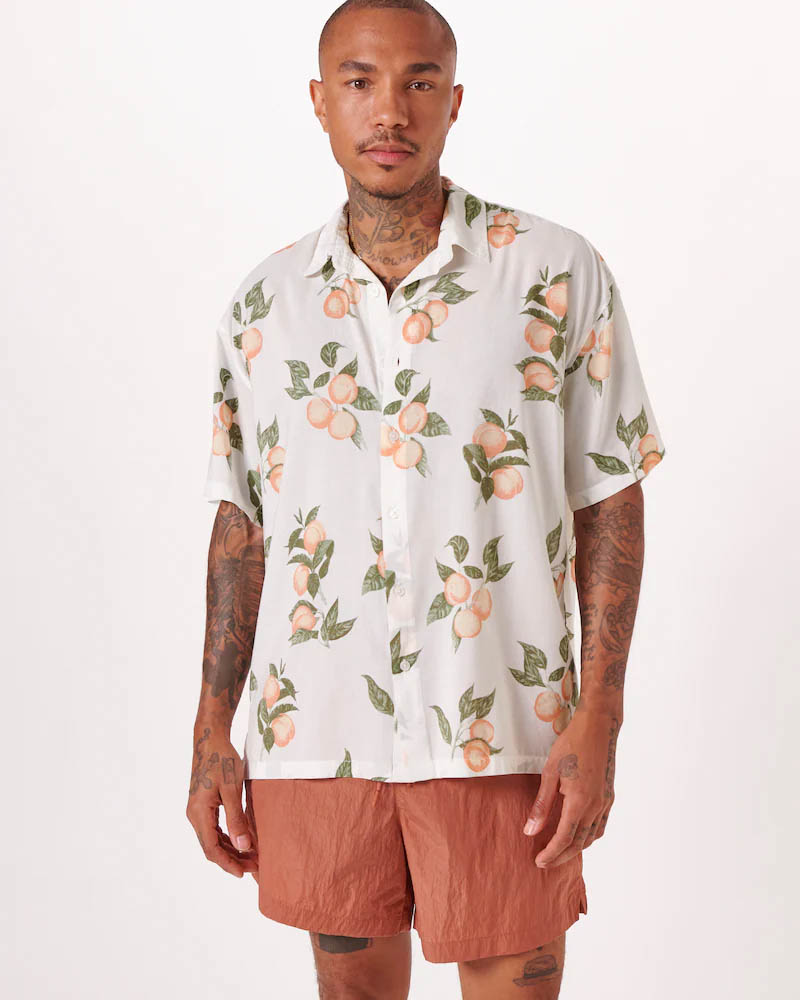 image of a printed short sleeve button up shirt
