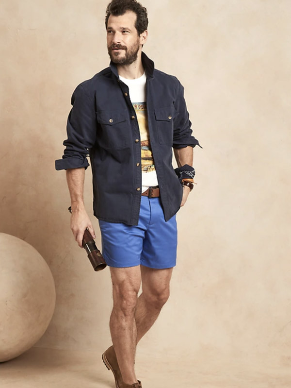 image of a man wearing blue shorts and a blue overshirt