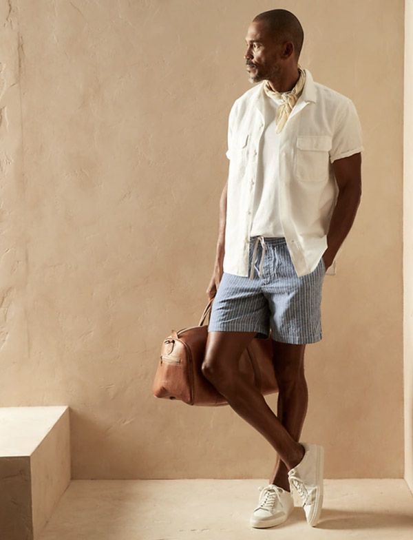 image of a man wearing a white short sleeve shirt and blue cotton shorts