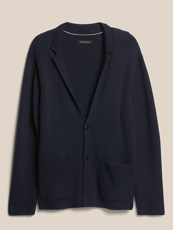 image of a navy blue sweater blazer
