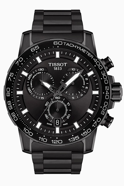 image of a black chronograph bracelet watch