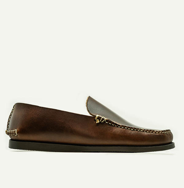 image of a brown leather moc slipper shoe
