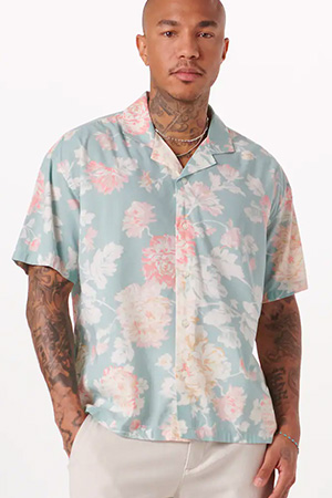 image of a floral printed short sleeve button down shirt