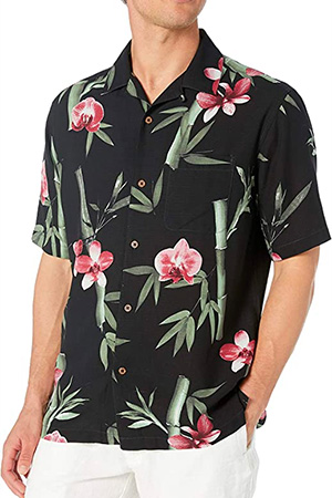 image of a man wearing a black floral printed short sleeve button down shirt