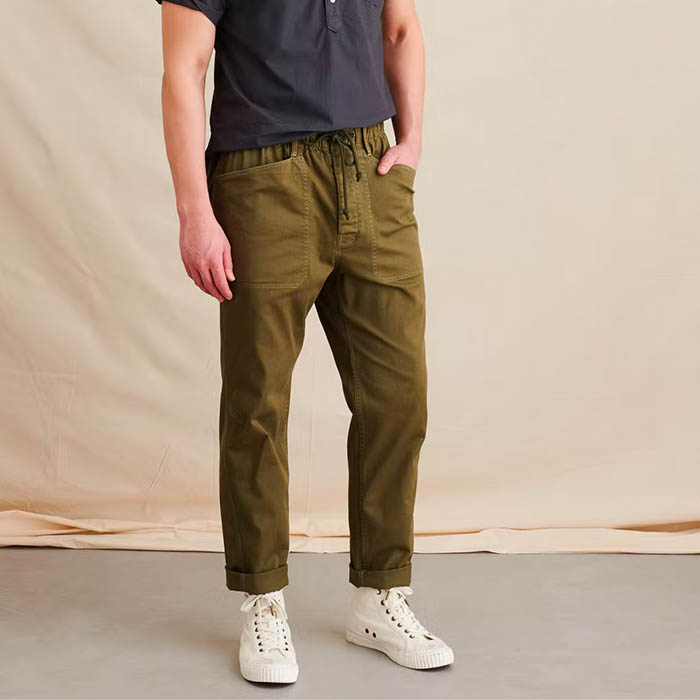 image of olive green button fly pull on pants
