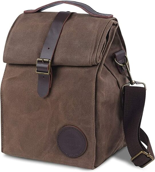 image of a brown waxed canvas lunch bag