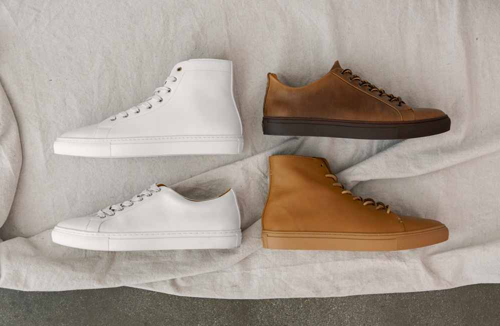 white high top and low top sneakers next to brown low top and high top sneakers