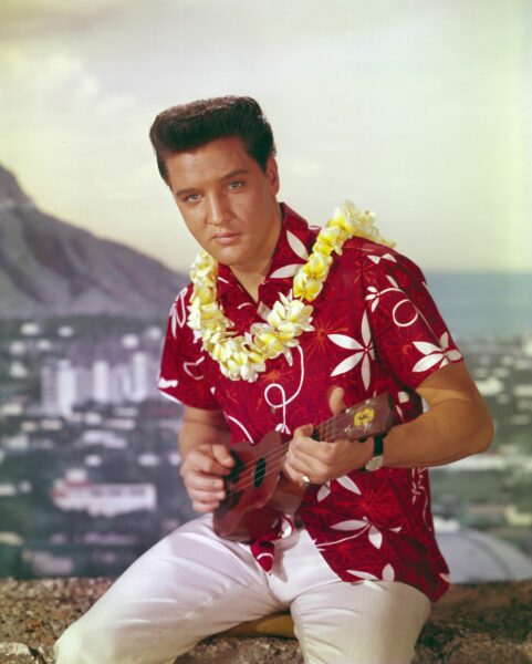 image of elvis presley wearing a red hawaiin print shirt and flower lei