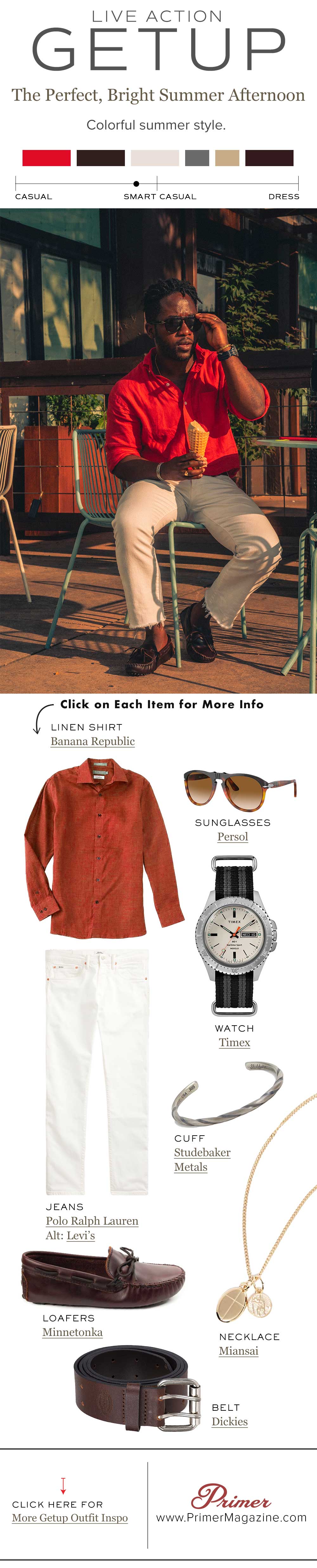 Live Action Getup: The Perfect, Bright Summer Afternoon infographic for men's outfit idea