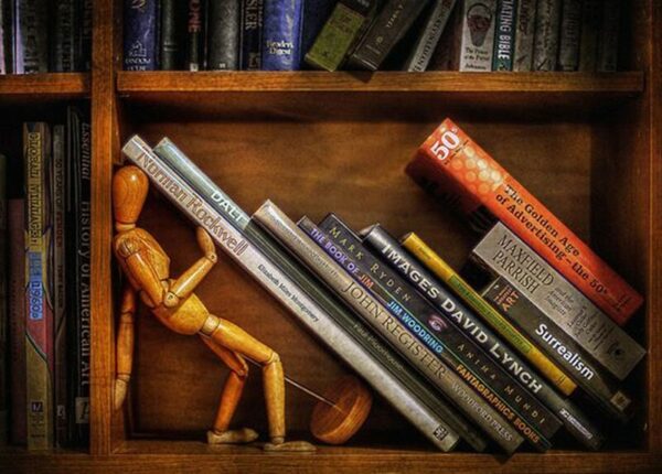 image of figurine and books on a shelf