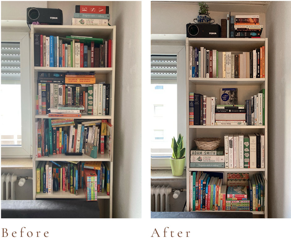 two images of a before and after arranged bookshelf