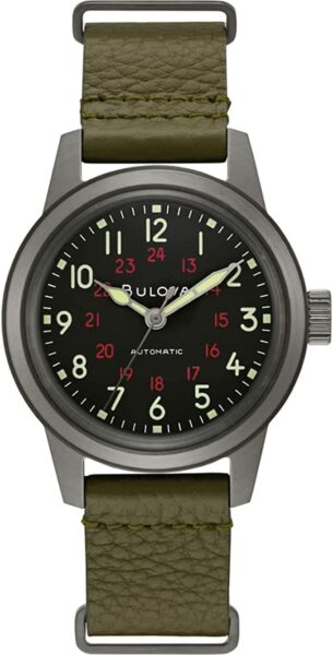 image of a watch with green leather strap and black face