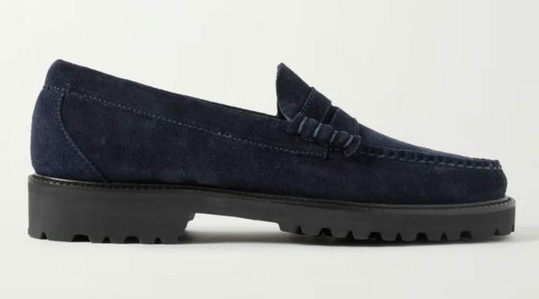 image of blue penny loafer suede shoes