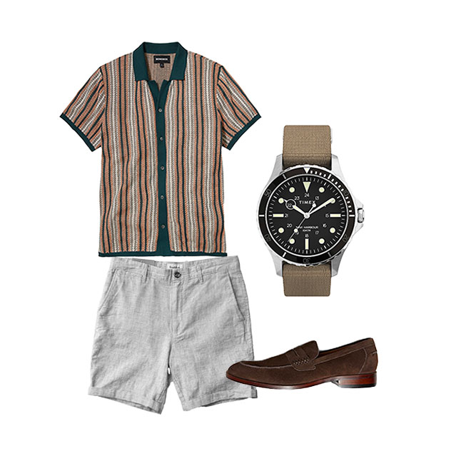 summer outfit made of striped button up polo, gray linen shorts, and brown suede loafers