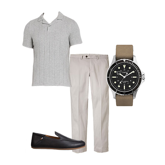 gray knit polo with khaki pants and black loafers