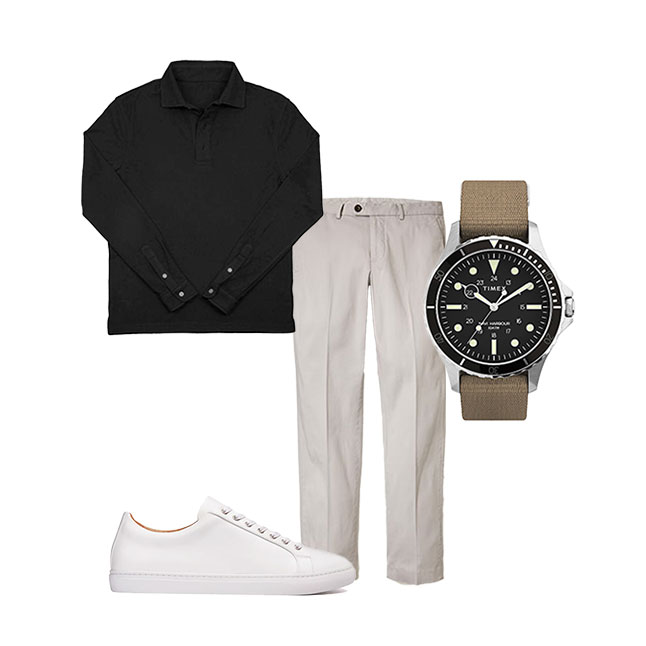 polo negru cu mânecă lungă, pantaloni chino și pantofi sport albi din piele