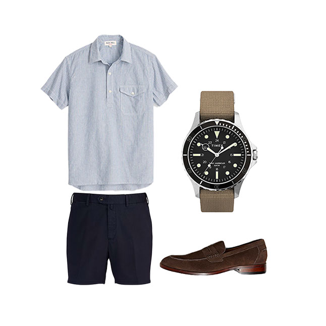striped popover shirt with navy shorts and brown suede loafers