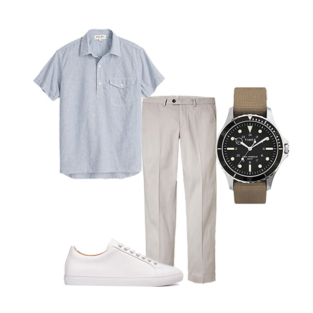 men's summer office outfit with striped popover shirt, khaki pants and white leather sneakers