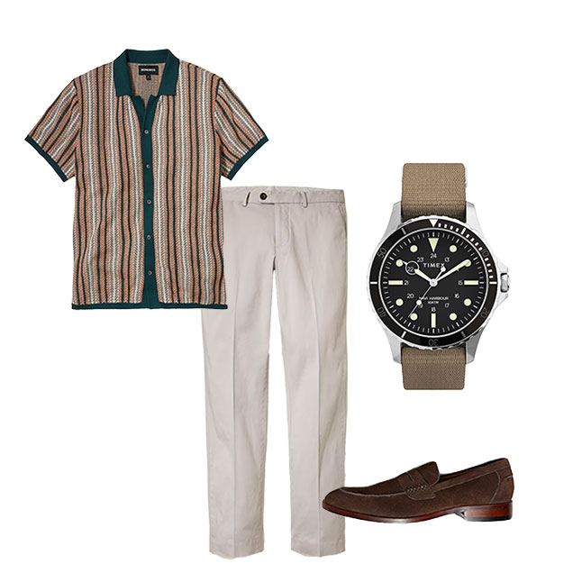 men's summer hot weather work outfit with button up polo chinos and loafers