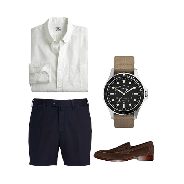 white oxford shirt with navy chino shorts and suede loafers