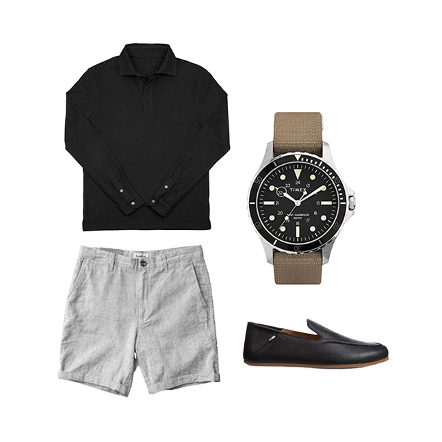 long sleeve black polo, gray linen shorts, black loafers summer outfit idea