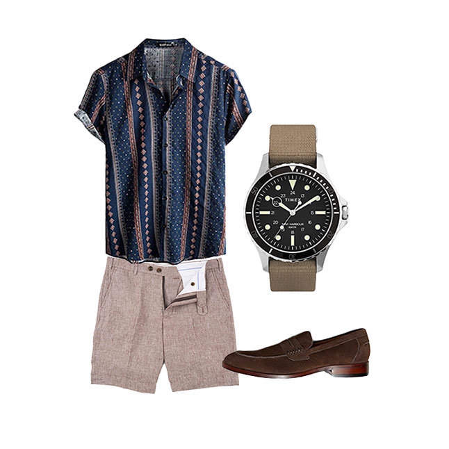 striped short sleeve shirt with brown shorts and suede loafers outfit