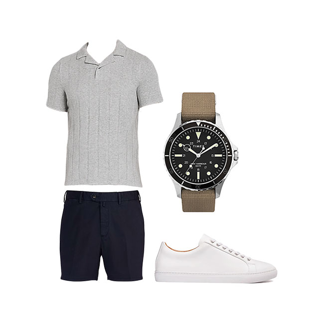 summer outfit with gray knit polo, navy shorts, white sneakers