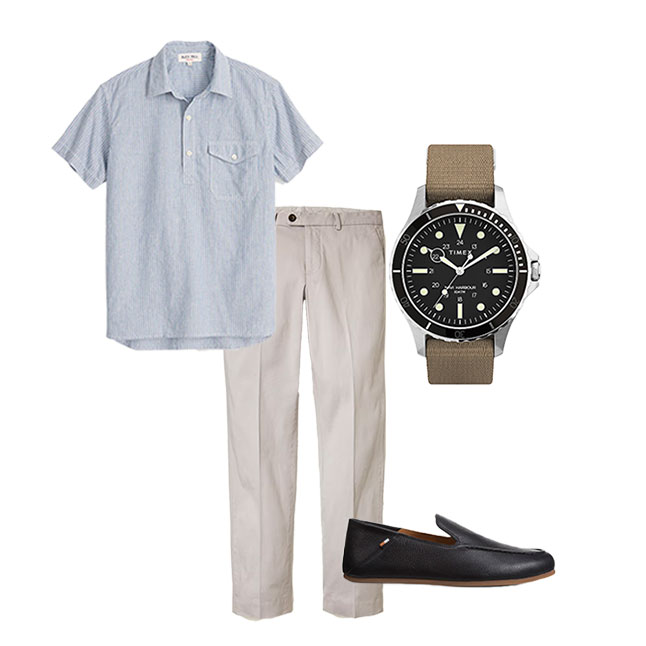 men's summer office outfit made of striped popover, chinos, and black loafers