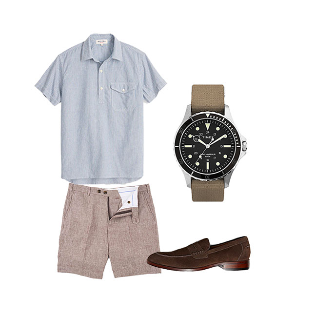 men's outfit with striped popover, brown shorts, suede loafers