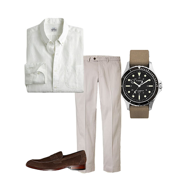 classic men's summer outfit with white oxford, chinos, brown suede loafers