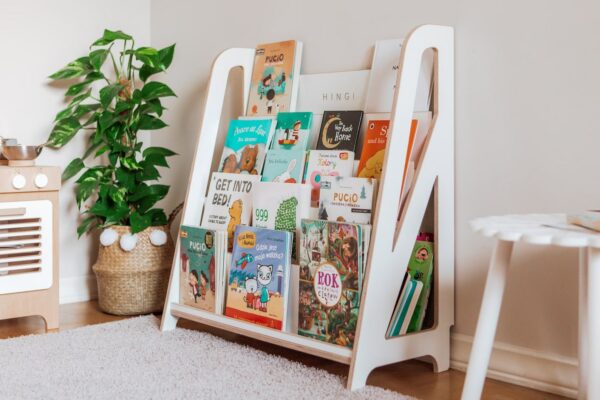 image of a white book holder with childrens books