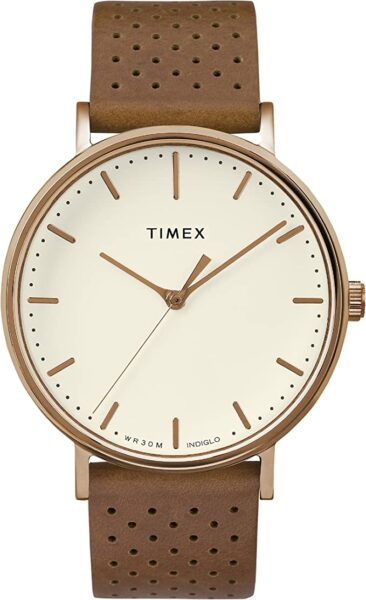 image of a timex watch with brown strape and rose gold accent design