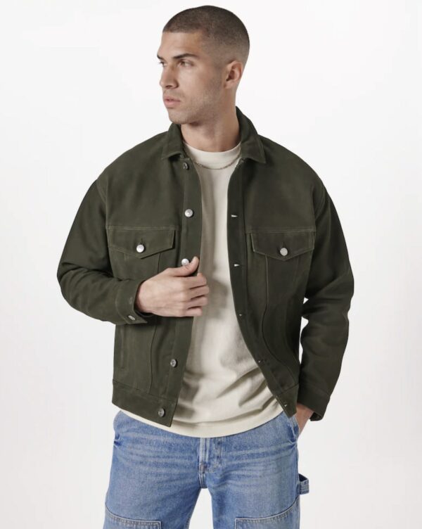 image of a man wearing a green suede trucker style jacket