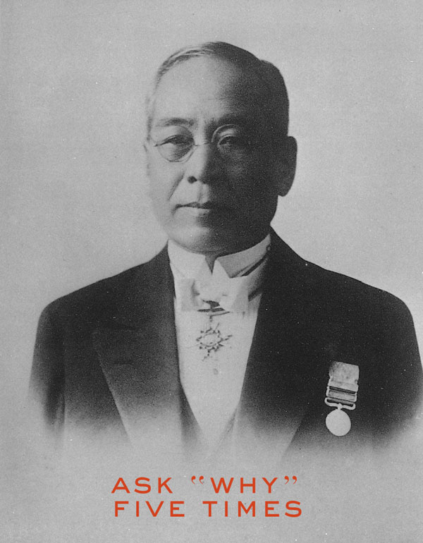 Photo of Sakichi Toyoda with text that reads ask why five times
