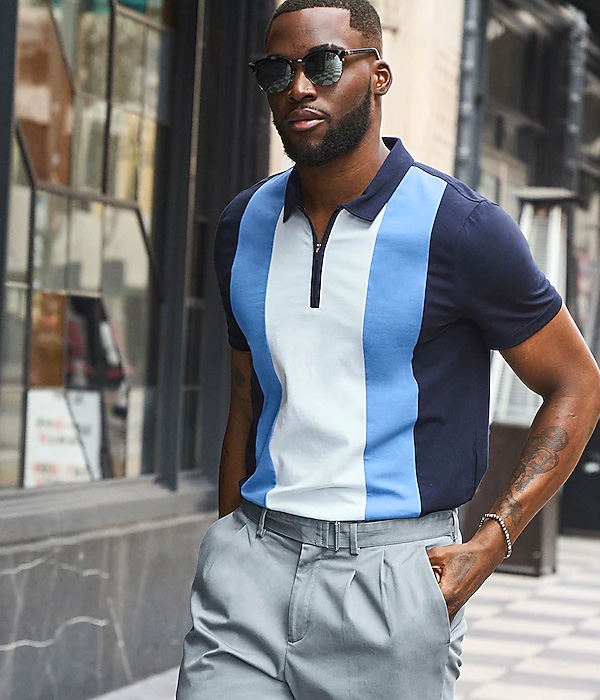 image of a short sleeve blue and white polo style shirt