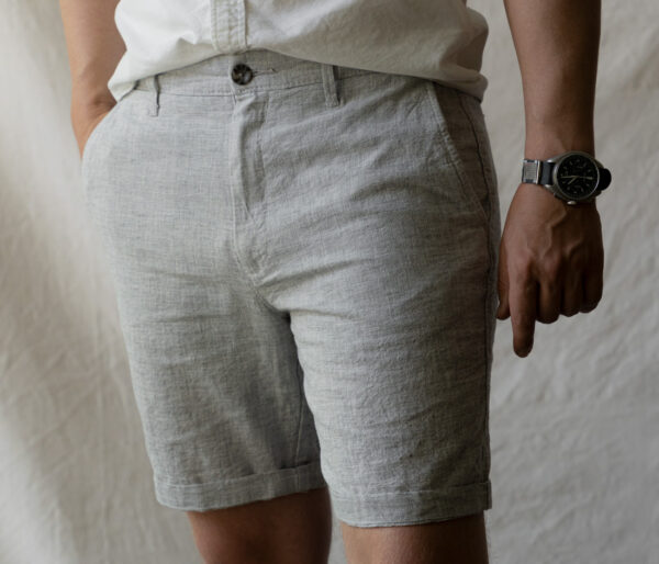 image of close up of grey linen shorts